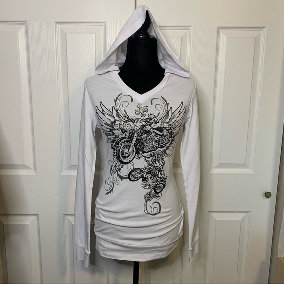 las angeles Tops - LA Motorcycle Rhinestone Hooded Long Sleeve Top